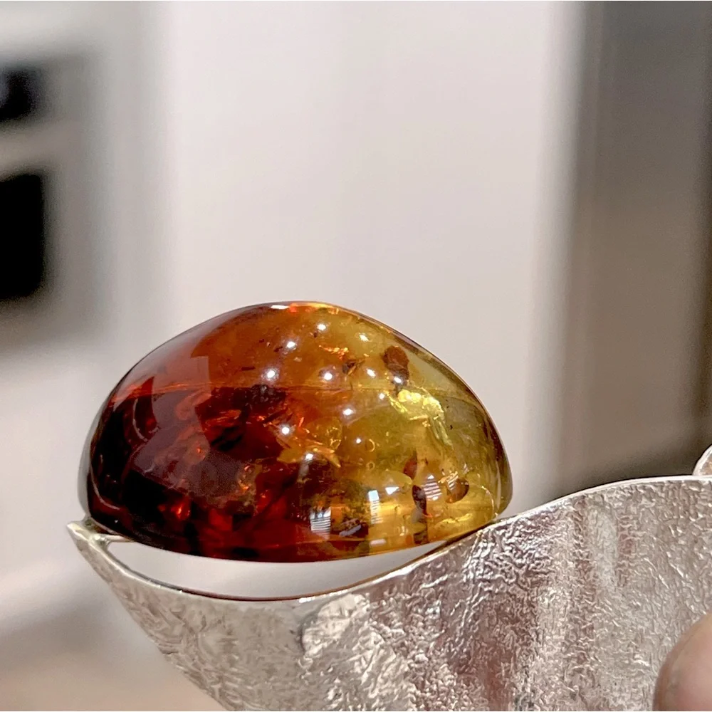RARE BiColor Baltic Amber Sterling Silver Textured Scrolled Pendant